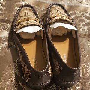 Coach Brown and Tan Signature Flats with Gold Accents
